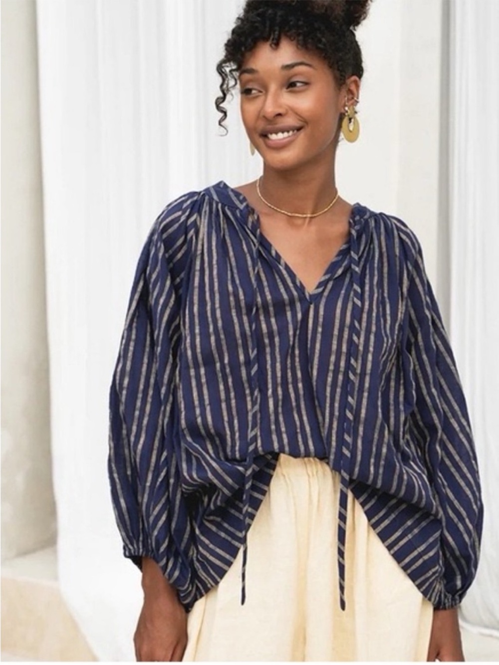 NWT Daughters of India Striped Sapphire Poet Blouse L